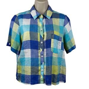 Foxcroft Linen Blouse Top Button Front Easy Care Plaid Nautical Coastal Blue 10